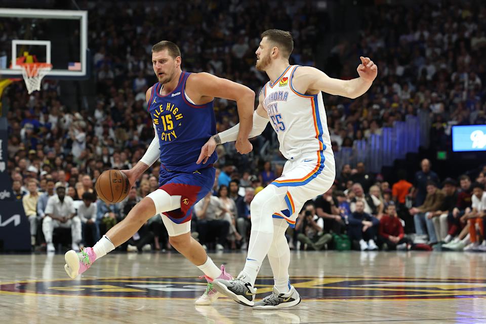 Nikola Jokić made a statement with his pregame wardrobe choice ahead of Game 3.  (Photo by Matthew Stockman/Getty Images)