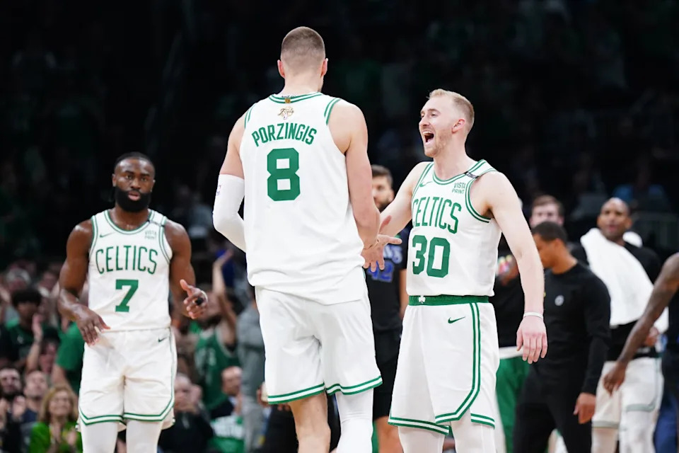 Boston Celtics center Kristaps Porzingis (8) and forward Sam Hauser (30)© David Butler II-Imagn Images