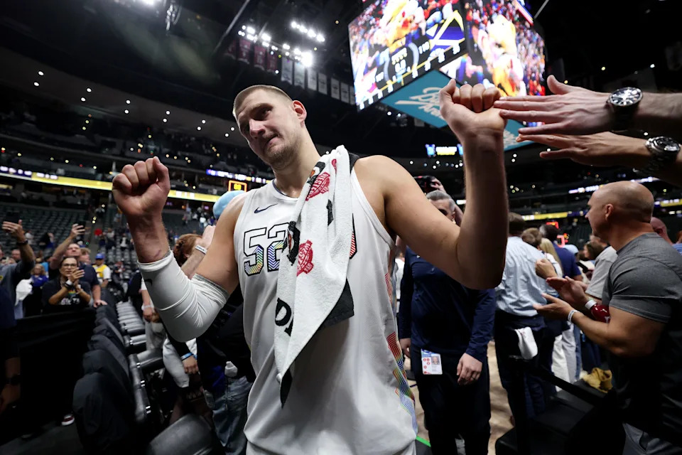 DENVER, COLORADO - MAY 15: Nikola Jokic #15 of the Denver Nuggets greets fans after defeating the Oklahoma City Thunder 119-107 in Game Six of the Western Conference Second Round NBA Playoffs at Ball Arena on May 15, 2025 in Denver, Colorado.