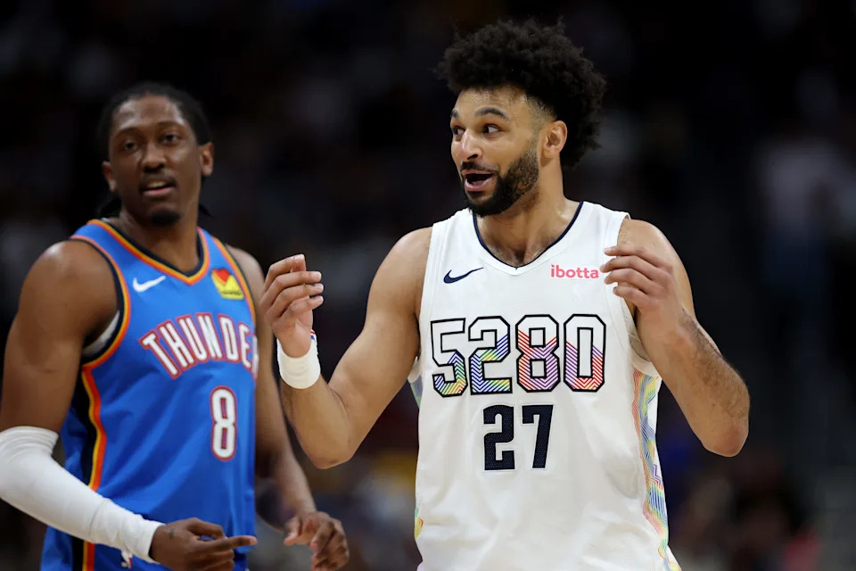 DENVER, COLORADO - MAY 15: Jamal Murray #27 of the Denver Nuggets reacts as Jalen Williams #8 of the Oklahoma City Thunder looks on during the third quarter in Game Six of the Western Conference Second Round NBA Playoffs at Ball Arena on May 15, 2025 in Denver, Colorado.
