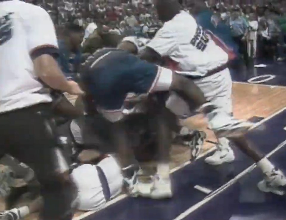 Pat Riley dove on the floor and ended up on the bottom of a pile