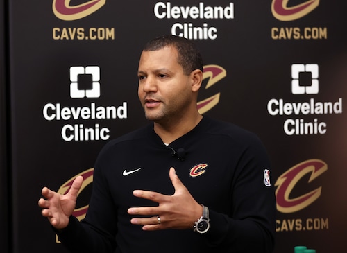 Cleveland Cavaliers President of Basketball Operations Koby Altman speaks to the media during his end-of-season availability at the Cleveland Clinic courts.
