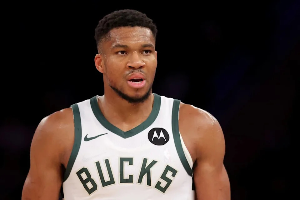Milwaukee Bucks forward Giannis Antetokounmpo (34) reacts during the third quarter against the New York Knicks at Madison Square Garden.Mandatory Credit: Brad Penner-Imagn Images