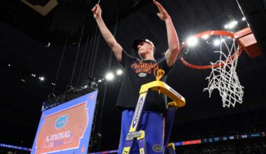 Australian big man Alex Condon celebrates a Florida Gators victory in the NCAA final last month and said he has opted out of the NBA Draft so he can return to Florida next season (JAMIE SQUIRE)