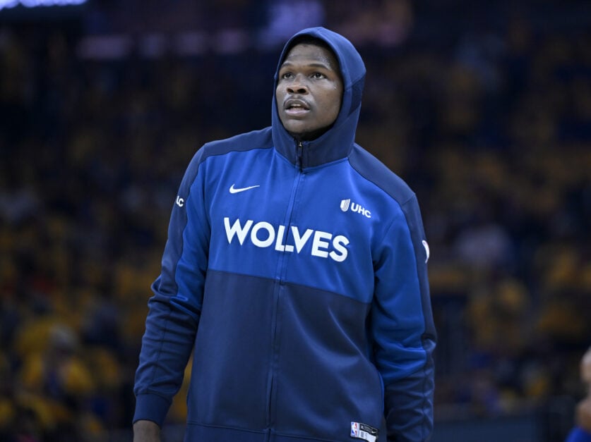 Minnesota Timberwolves guard Anthony Edwards wearing pre-game outfit vs the Golden State Warriors.