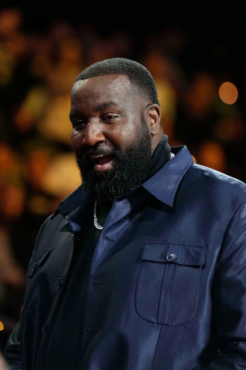 Dec 14, 2024; Las Vegas, Nevada, USA; Former NBA player Kendrick Perkins looks on during the fourth quarter between the Houston Rockets and the Oklahoma City Thunder. in a semifinal of the 2024 Emirates NBA Cup at T-Mobile Arena.