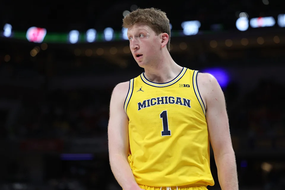 Mar 16, 2025; Indianapolis, IN, USA; Michigan Wolverines center Danny Wolf (1) walks on court during the first half against the Wisconsin Badgers during the 2025 Big Ten Championship Game at Gainbridge Fieldhouse. Mandatory Credit: Trevor Ruszkowski-Imagn Images