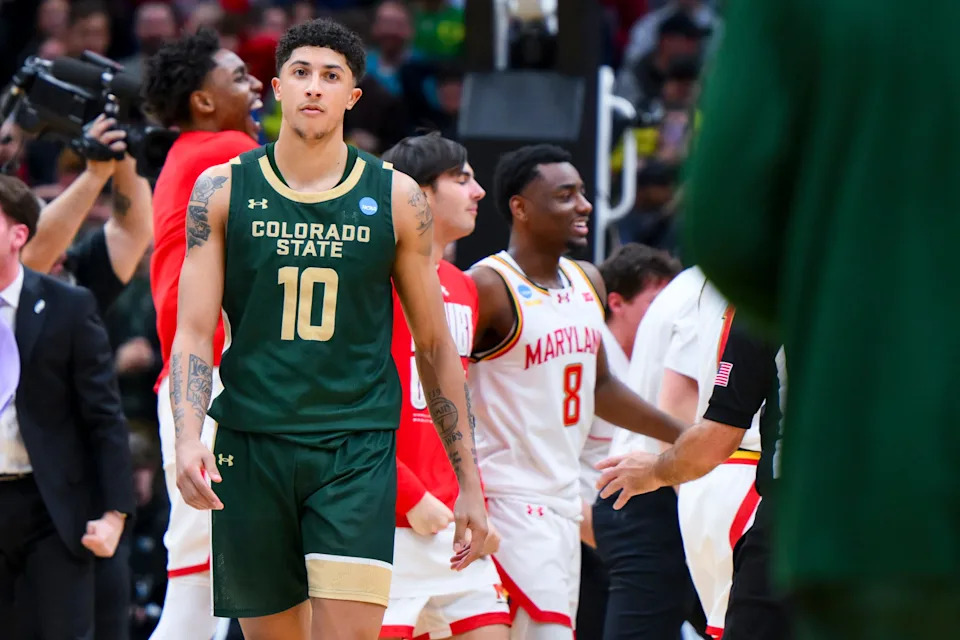 Mar 23, 2025; Seattle, WA, USA; Colorado State Rams guard Nique Clifford (10) reacts after being defeated by the Maryland Terrapins at Climate Pledge Arena. Mandatory Credit: Steven Bisig-Imagn Images
