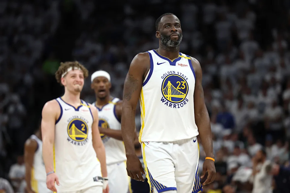 MINNEAPOLIS, MINNESOTA - MAY 14: Draymond Green #23 of the Golden State Warriors reacts against the Minnesota Timberwolves during the fourth quarter in Game Five of the Western Conference Second Round NBA Playoffs at Target Center on May 14, 2025 in Minneapolis, Minnesota. NOTE TO USER: User expressly acknowledges and agrees that, by downloading and or using this photograph, User is consenting to the terms and conditions of the Getty Images License Agreement. (Photo by Ellen Schmidt/Getty Images)