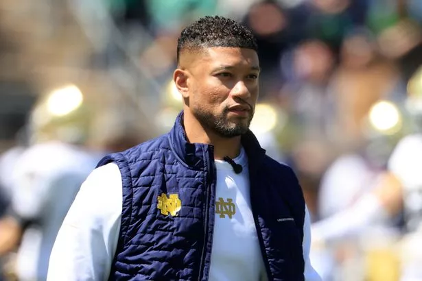 Head coach Marcus Freeman of the Notre Dame Fighting Irish looks on during the 94th Annual Notre Dame Blue-Gold Spring Game at Notre Dame Stadium on April 12, 2025 in South Bend, Indiana