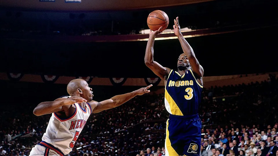 <div>Haywood Workman #3 of the Indiana Pacers shoots a three point shot against Greg Anthony #54 of the New York Knicks during Game 2 of the Eastern Conference Semifinals played May 9, 1995 at Madison Square Garden in New York, New York. (Photo by Nathaniel S. Butler/NBAE via Getty Images)</div>