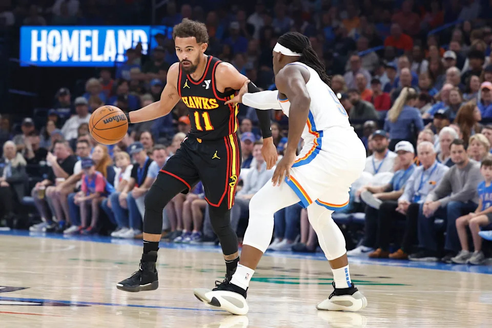 Atlanta Hawks guard Trae Young drives down the court against the Oklahoma City Thunder.Alonzo Adams-Imagn Images