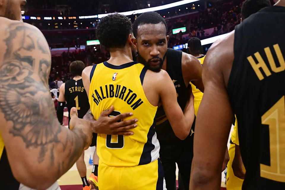 Indiana Pacers guard Tyrese Haliburton hugs Cavaliers forward Evan Mobley after Game 5 in the second round of the NBA playoffs, May 13, 2025, in Cleveland.