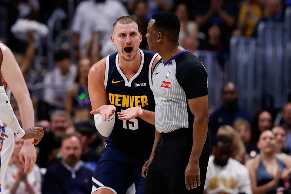Denver Nuggets center Nikola Jokic (15) reacts towards referee Sean Wright (4) after a play in the second quarter against the Oklahoma City Thunder during game four of the second round of the 2025 NBA Playoffs at Ball Arena.Isaiah J. Downing-Imagn Images
