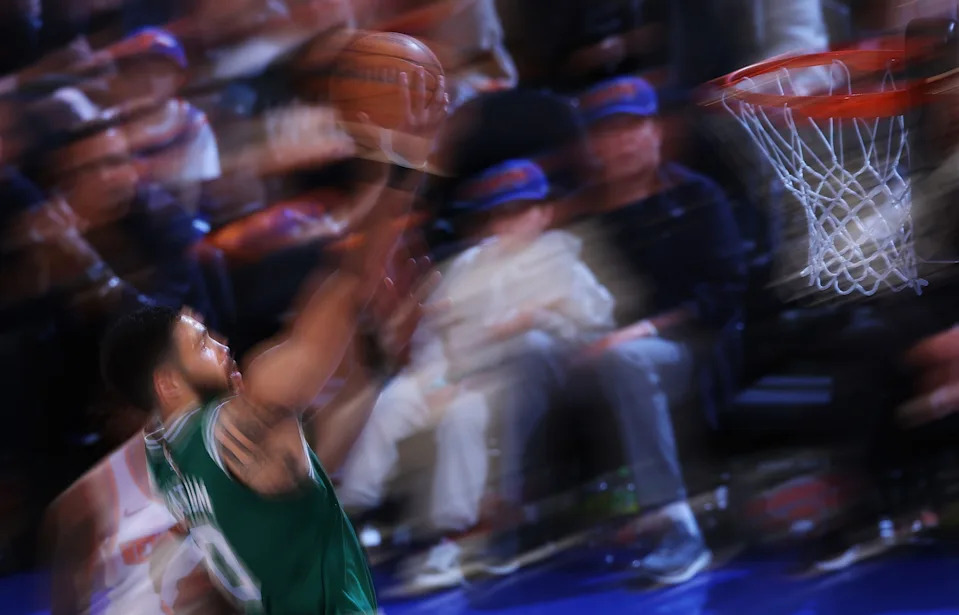 NEW YORK, NEW YORK - MAY 10: Jayson Tatum #0 of the Boston Celtics shoots the ball against the New York Knicks during the fourth quarter in Game Three of the Eastern Conference Second Round NBA Playoffs at Madison Square Garden on May 10, 2025 in New York City. NOTE TO USER: User expressly acknowledges and agrees that, by downloading and or using this photograph, User is consenting to the terms and conditions of the Getty Images License Agreement. (Photo by Al Bello/Getty Images)