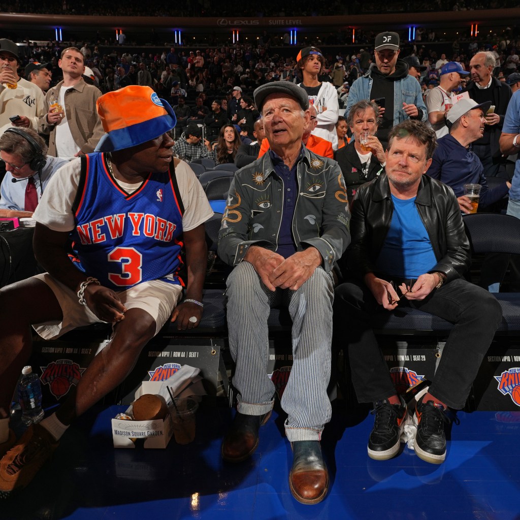 Tracy Morgan, Bill Murray, and Michael J. Fox attend the game between the Indiana Pacers and the New York Knicks during Game 2 of the 2025 Eastern Conference Finals