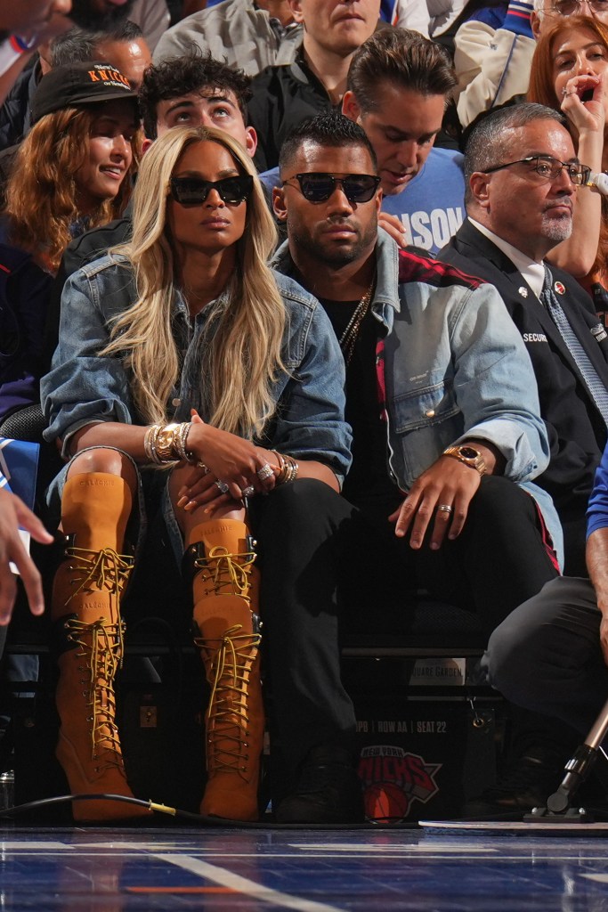 Ciara and Russell Wilson attend the game between the Indiana Pacers and the New York Knicks during Game 2 of the 2025 Eastern Conference Finals