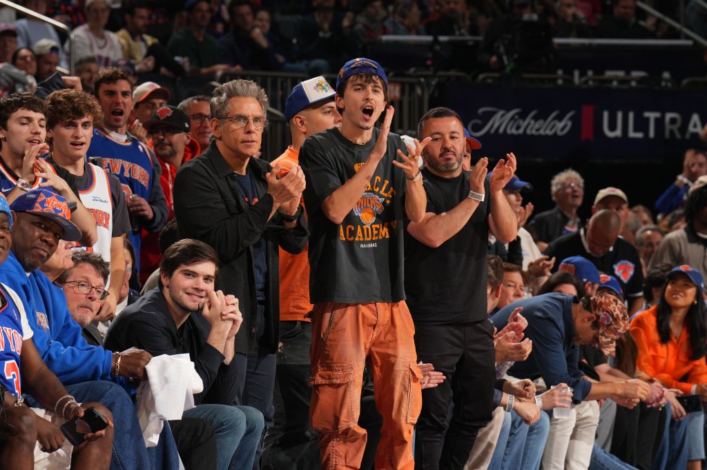 Ben Stiller and Timothee Chalamet attend the game between the Indiana Pacers and the New York Knicks during Game 2 of the 2025 Eastern Conference Finals 