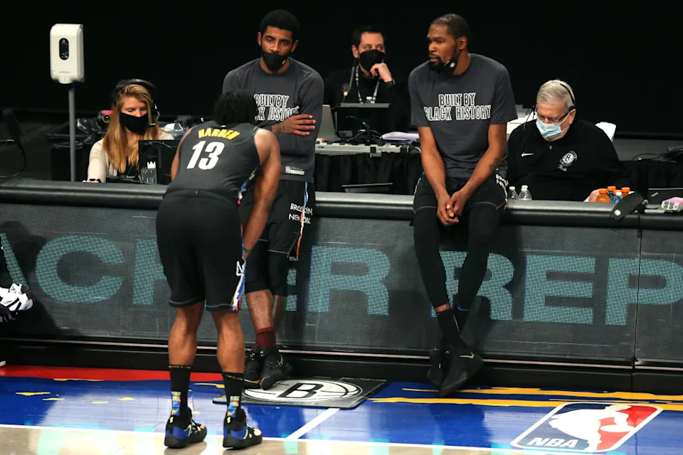 Former Brooklyn Nets players Kyrie Irving, Kevin Durant and James Harden© Brad Penner-Imagn Images