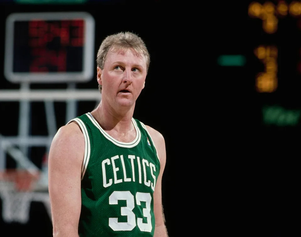 Larry Bird #33, Power Forward for the Boston Celtics looks on during the NBA Midwest Division basketball game against the Denver Nuggets on 17th February 1991 at the McNichols Sports Arena in Denver, Colorado, United States. The Boston Celtics won the game 126 - 108. (Photo by Tim DeFrisco/Allsport/Getty Images)