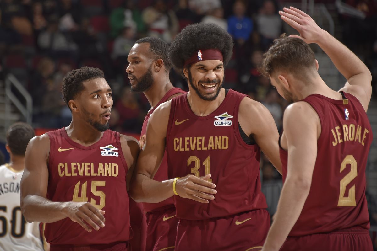 Donovan Mitchell #45, Evan Mobley #4, Jarrett Allen #31 and Ty Jerome #2 of the Cleveland Cavaliers celebrate during the game. New Orleans Pelicans v Cleveland Cavaliers