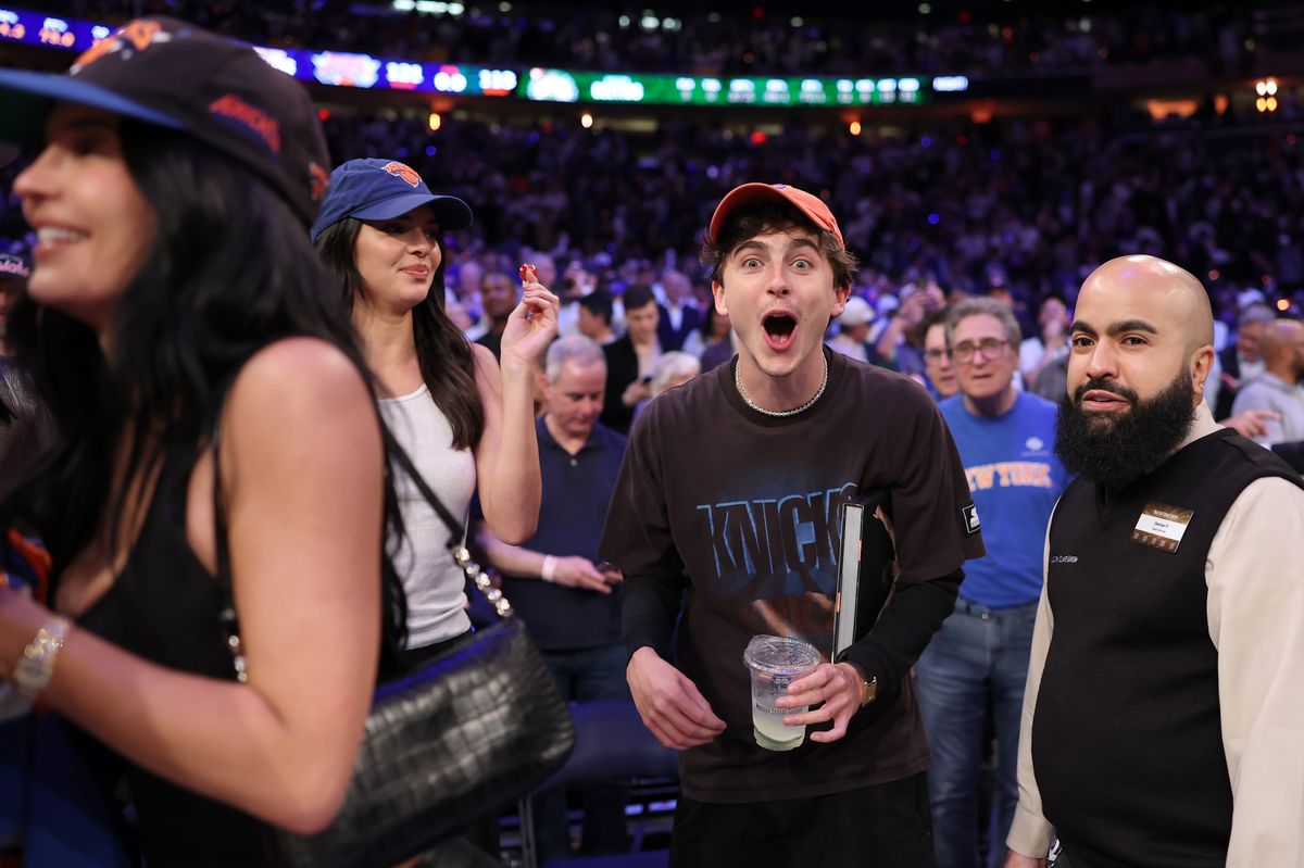 Kendall Jenner, Kylie Jenner and Timothee Chalamet celebrate during the fourth quarter in Game Four of the Eastern Conference Second Round NBA Playoffs at Madison Square Garden 