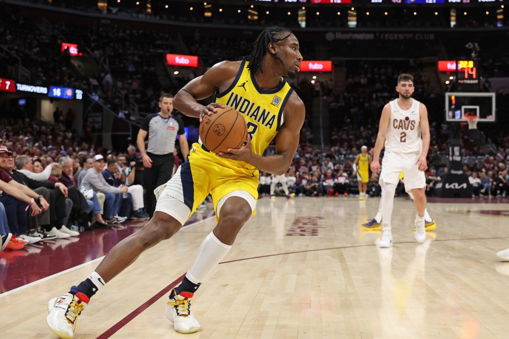 Aaron Nesmith #23 of the Indiana Pacers handles the ball during the game against the Cleveland Cavaliers during Round 2 Game 1 of the 2025 NBA Playoffs on May 4, 2025 at Rocket Mortgage FieldHouse in Cleveland, Ohio.