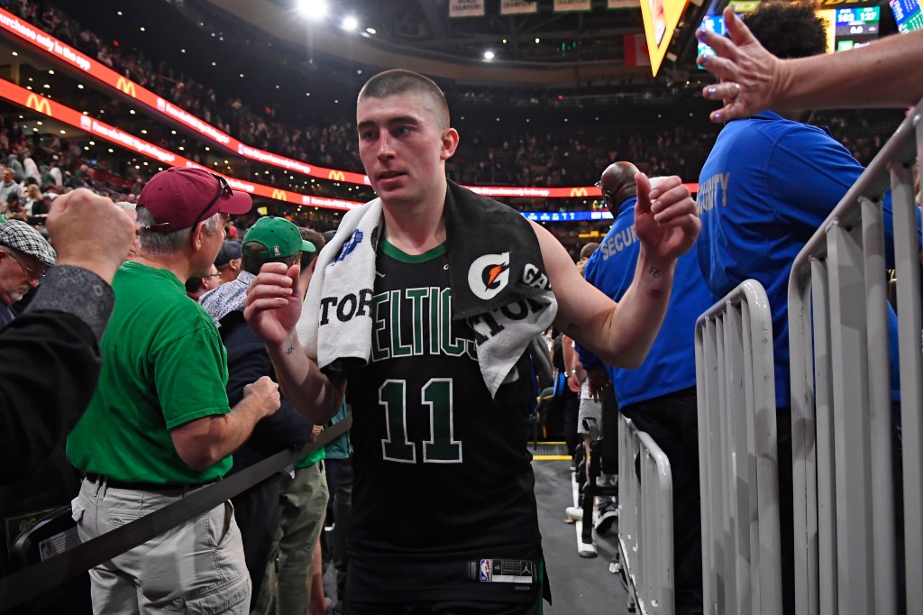 Payton Pritchard #11 of the Boston Celtics walks off the court after the game against the New York Knicks during Round Two Game Five of the 2025 NBA Playoffs on May 14, 2025 at TD Garden in Boston, Massachusetts.