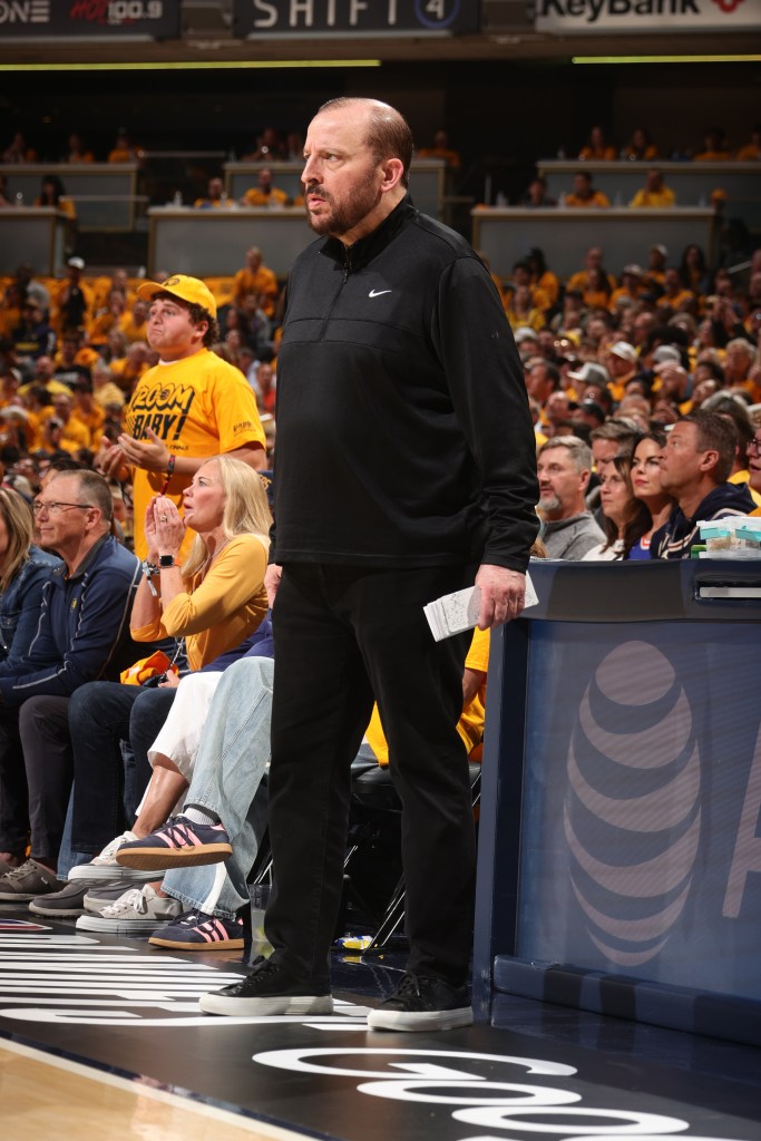 Head Coach Tom Thibodeau of the New York Knicks looks on during the game against the Indiana Pacers during Game 3 of the 2025 Eastern Conference Finals on May 25, 2025 at Gainbridge Fieldhouse in Indianapolis, Indiana. 