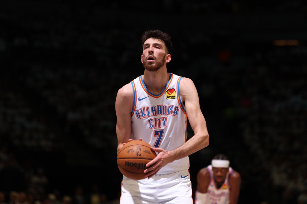 Chet Holmgren #7 of the Oklahoma City Thunder prepares to shoot a free throw during the game against the Minnesota Timberwolves during Game Four of the Western Conference Finals on February 1, 2025 at Target Center in Minneapolis, Minnesota.