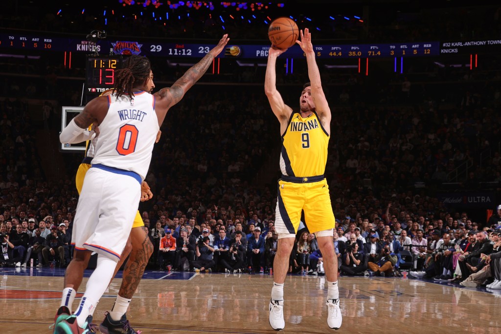 T.J. McConnell of the Indiana Pacers shooting the ball during Game 5 of the 2025 Eastern Conference Finals against the New York Knicks at Madison Square Garden