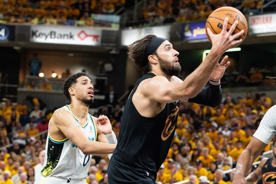 Max Strus goes up with a shot against Tyrese Haliburton of the Indiana Pacers on May 9, 2025. © Trevor Ruszkowski-Imagn Images