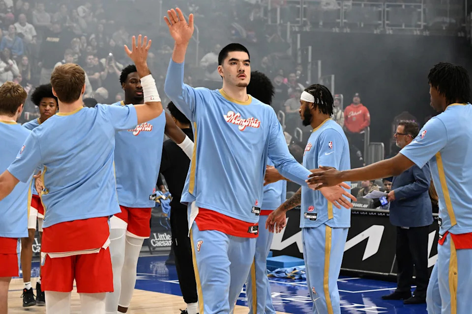 Apr 5, 2025; Detroit, Michigan, USA; Memphis Grizzlies center Zach Edey (14) during payers introductions before their game against the Detroit Pistons at Little Caesars Arena. Mandatory Credit: Lon Horwedel-Imagn ImagesMandatory Credit: Lon Horwedel-Imagn Images