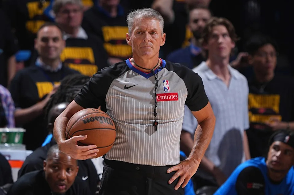 NBA referee Scott Foster looks on during a game between the Nuggets and the Thunder on May 7, 2025 during the second round of the NBA playoffs. NBAE via Getty Images