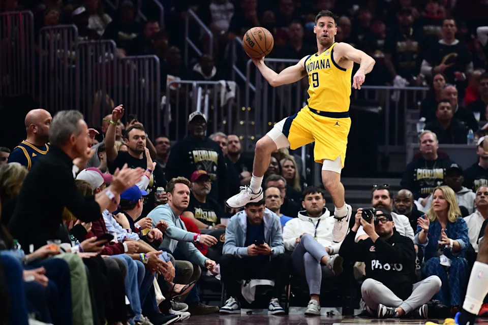 May 13, 2025; Cleveland, Ohio, USA; Indiana Pacers guard T.J. McConnell (9) saves the ball from going out of bounds during the first half against the Cleveland Cavaliers of game five of the second round for the 2025 NBA Playoffs at Rocket Arena. Mandatory Credit: Ken Blaze-Imagn Images