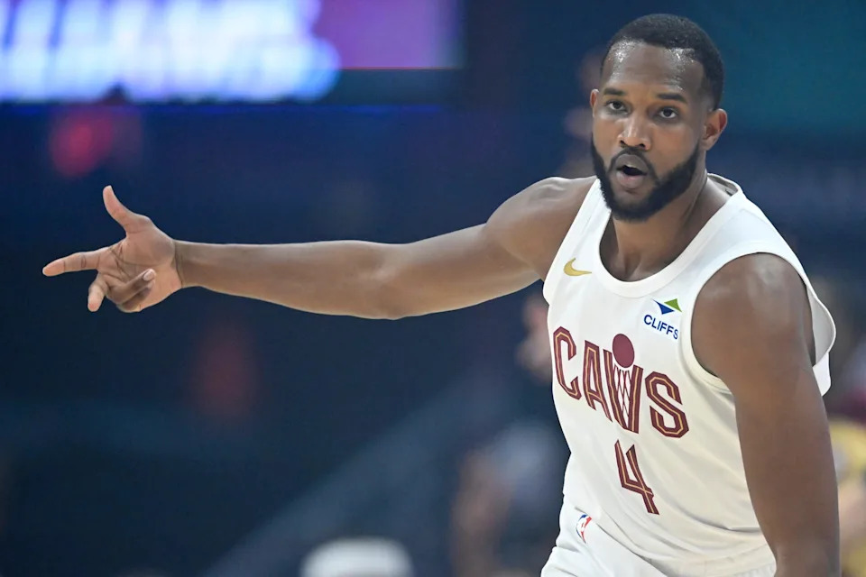 Cleveland Cavaliers forward Evan Mobley (4) celebrates his 3-pointer against the Miami Heat on April 20, 2025, in Cleveland, Ohio.