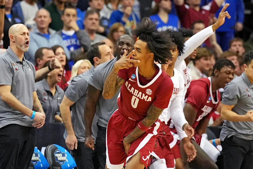 Mar 29, 2025; Newark, NJ, USA; Alabama Crimson Tide guard Labaron Philon (0) celebrates after making a three point basket during the second half against the Duke Blue Devils in the East Regional final of the 2025 NCAA tournament at Prudential Center. Mandatory Credit: Robert Deutsch-Imagn Images