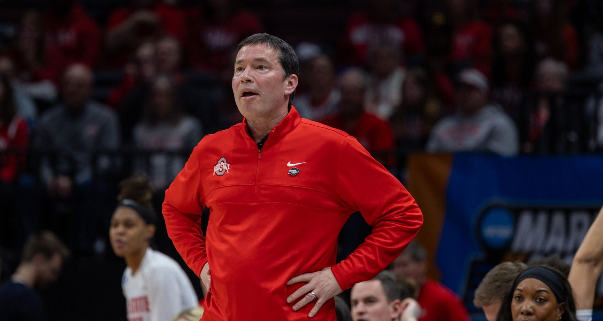 Head coach Kevin McGuff looks on from the sideline during the 2024 NCAA tournament. McGuff was charged with OVI May 6. Credit: Caleb Blake