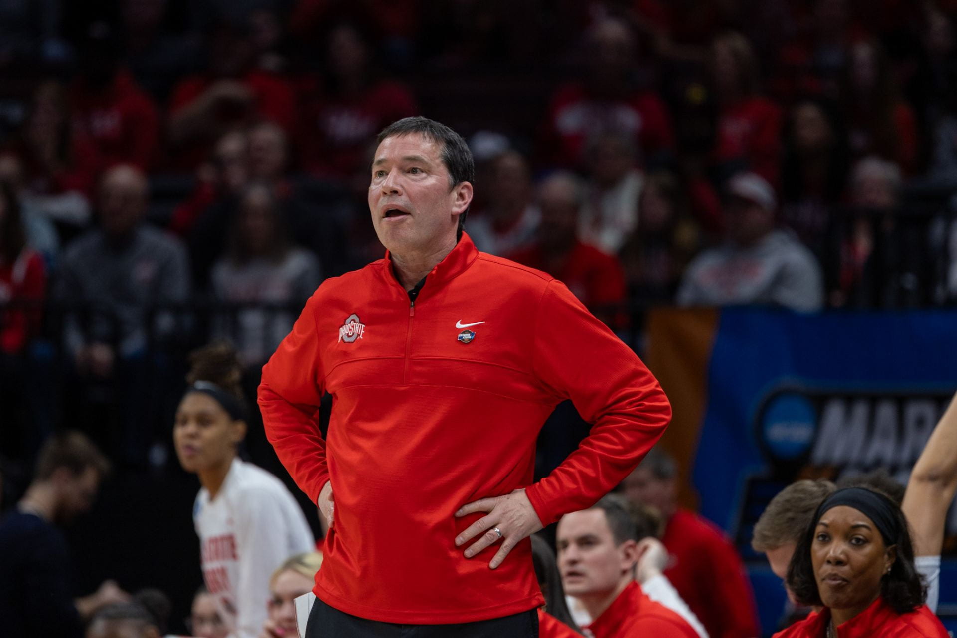 Head coach Kevin McGuff looks on from the sideline during the 2024 NCAA tournament. McGuff was charged with OVI May 6. He will appear in Dublin Mayor's Court Nov. 4 to change his plea. Credit: Caleb Blake | Lantern File Photo
