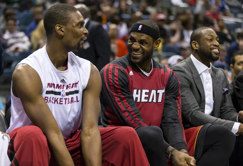 Chris Bosh and LeBron James laugh during a 2014 Miami Heat game.Jeff Hanisch-Imagn Images