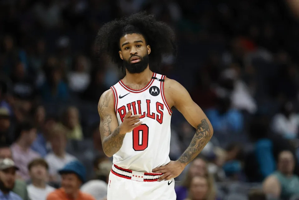 Apr 6, 2025; Charlotte, North Carolina, USA; Chicago Bulls guard Coby White (0) stands on the court during the first quarter against the Charlotte Hornets at Spectrum Center. Mandatory Credit: Nell Redmond-Imagn ImagesMandatory Credit: Nell Redmond-Imagn Images