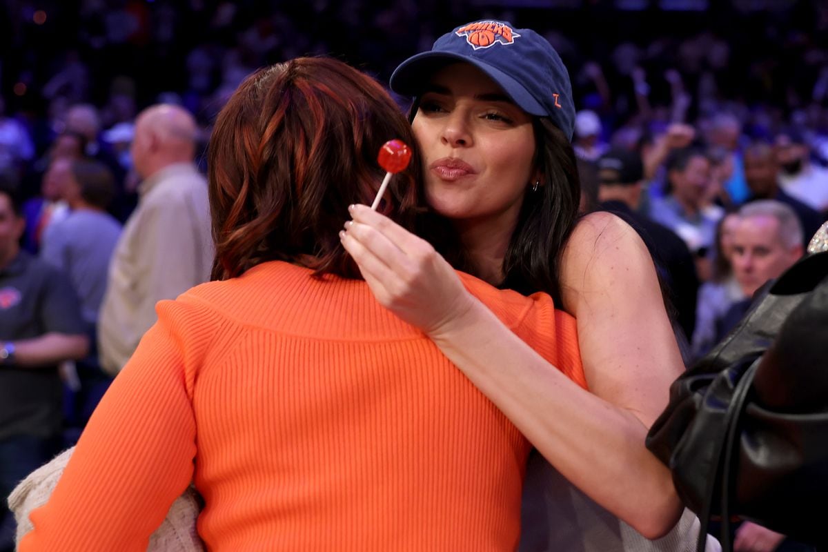 Kendall Jenner celebrates after the New York Knicks defeated the Boston Celtics