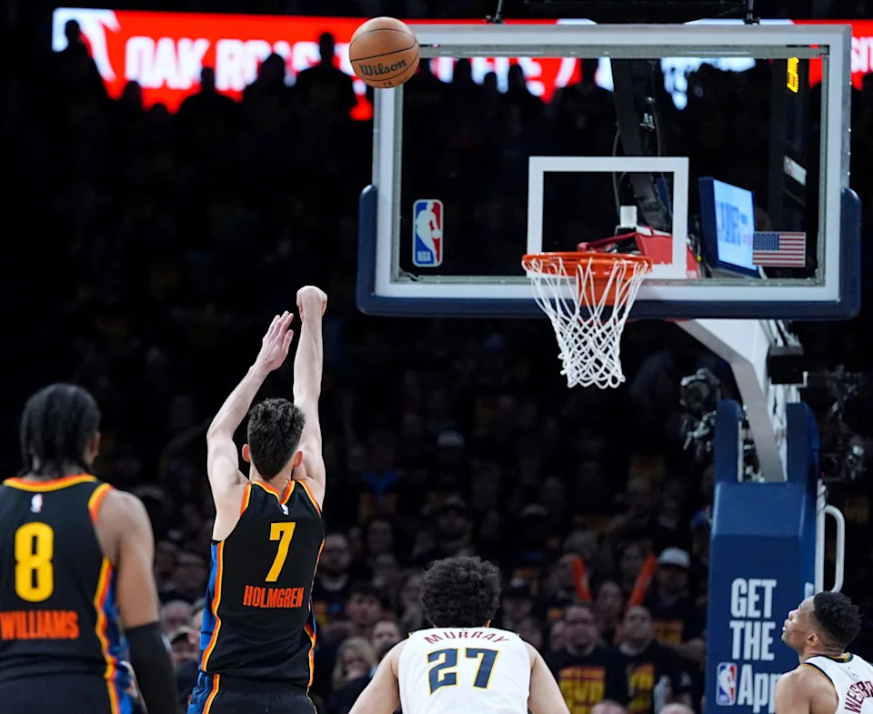 Oklahoma City's Chet Holmgren (7) misses a free throw in the final seconds of the fourth quater of Game 1 of the NBA playoff series between the Oklahoma City Thunder and the Denver Nuggets at Paycom Center in Oklahoma City, Monday, May, 5, 2025.