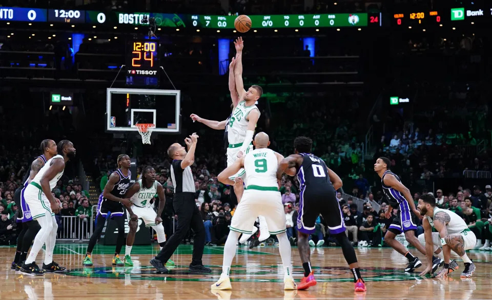 Jan 10, 2025; Boston, Massachusetts, USA; The Boston Celtics and Sacramento Kings tip-off to start the game at TD Garden. Mandatory Credit: David Butler II-Imagn Images