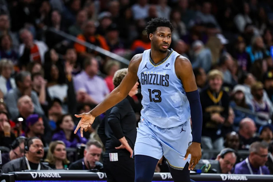 Memphis Grizzlies forward-center Jaren Jackson Jr. (13) celebrates a three point shot he made during the fourth quarter of the game against the Phoenix Suns at Footprint Center.Mandatory Credit: Aryanna Frank-Imagn Images