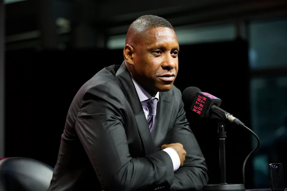 Toronto Raptors Vice-Chairman and Team President Masai Ujiri speaks to the mediaJohn E. Sokolowski-Imagn Images