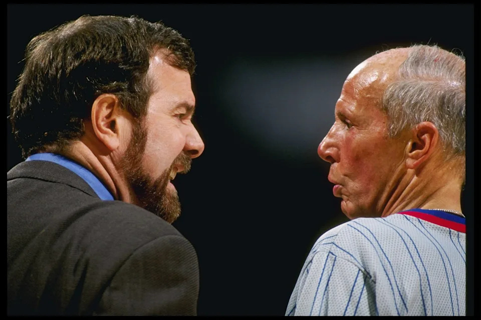 24 Apr 1997: Coach PJ Carlesimo of the Portland Trailblazers argues with the referee during a playoff game against the Los Angeles Lakers at the Great Western Forum in Inglewood, California. The Lakers won the game 95-77.
