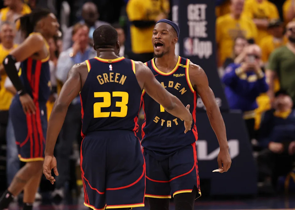 Golden State Warriors stars Jimmy Butler and Draymond Green.© Kelley L Cox-Imagn Images