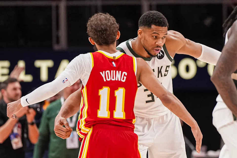 Milwaukee Bucks forward Giannis Antetokounmpo greets Atlanta Hawks guard Trae YoungDale Zanine-Imagn Images