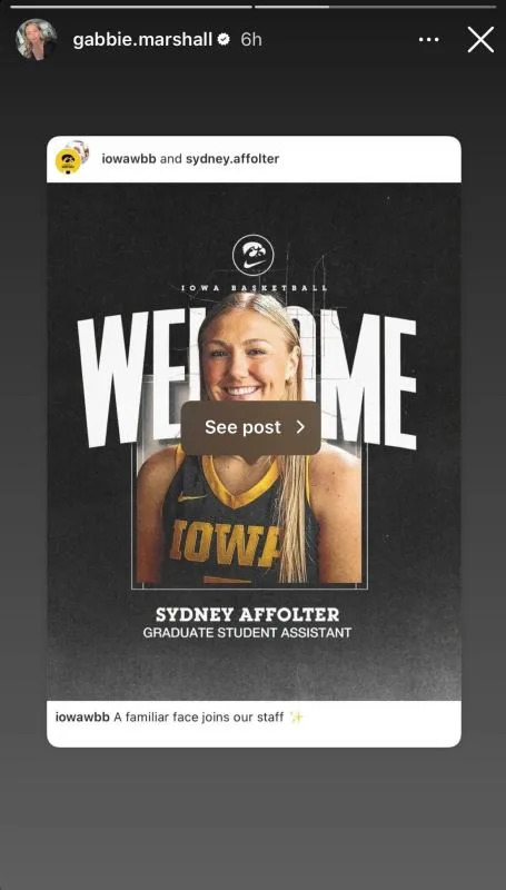 Gabbie Marshall shares Iowa's announcement about Sydney Affolter joining the coaching staff.Gabbie Marshall&sol;Instagram